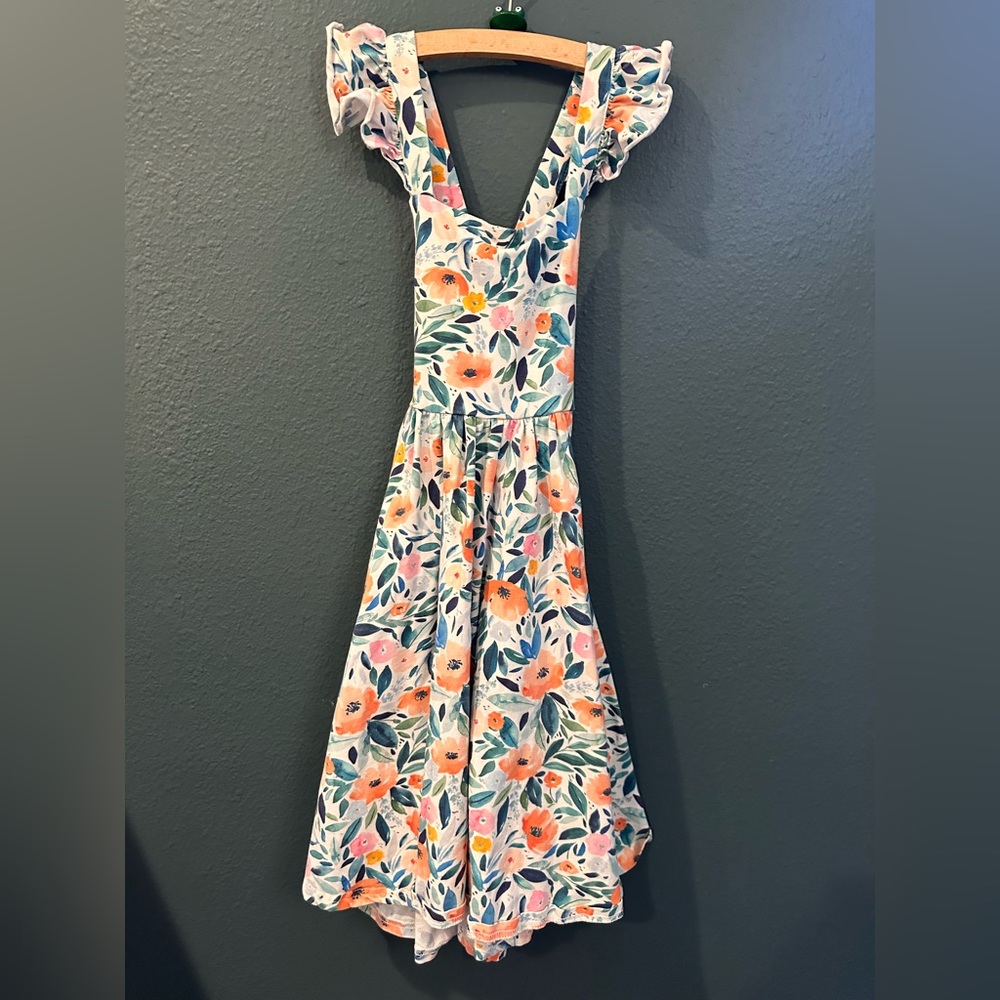 White and Orange Ruffled Smocked Sundress with Sweetheart Neckline